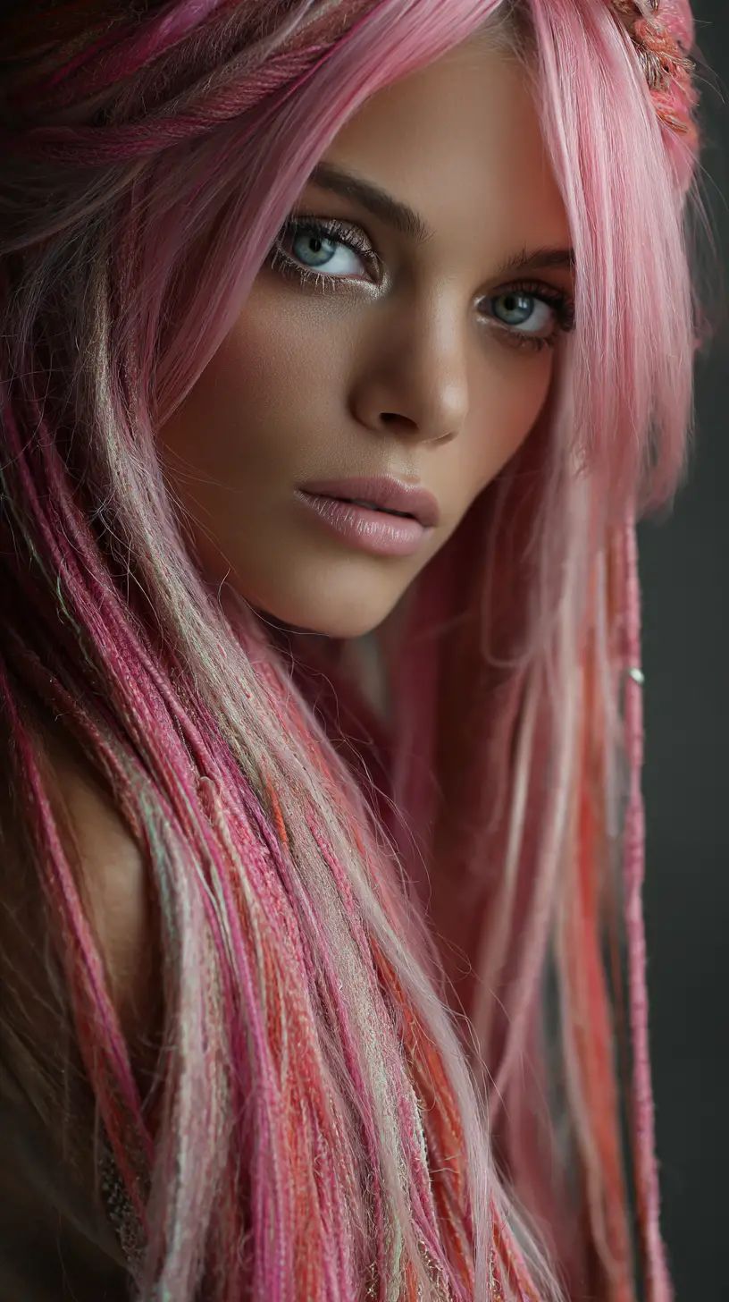Modella bubblegum couture con sguardo intenso e hairstyle audace