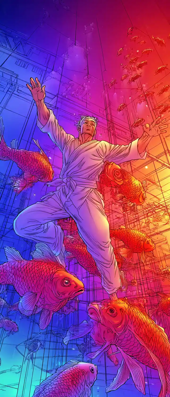 男子在清澈水池中伸手抓魚