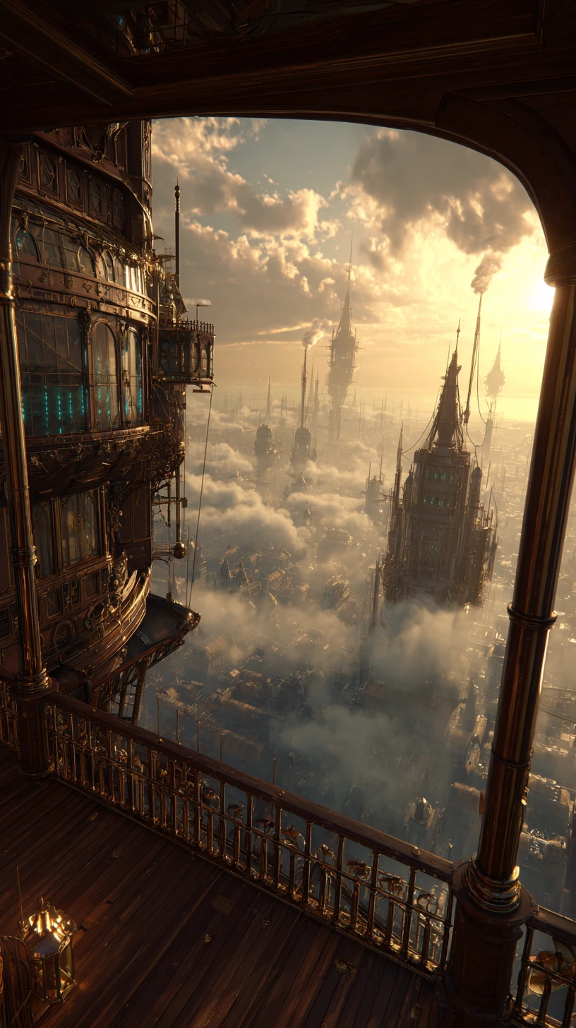 Dirigible steampunk sobrevolando una imponente ciudad de latón y madera