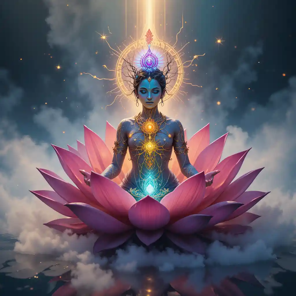 Glowing crown chakra lotus with seven radiant petals
