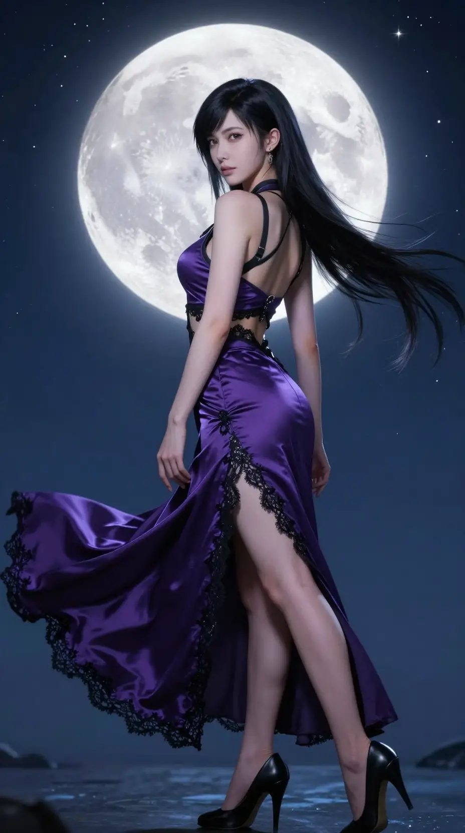 Elegant woman in purple dress under glowing full moon