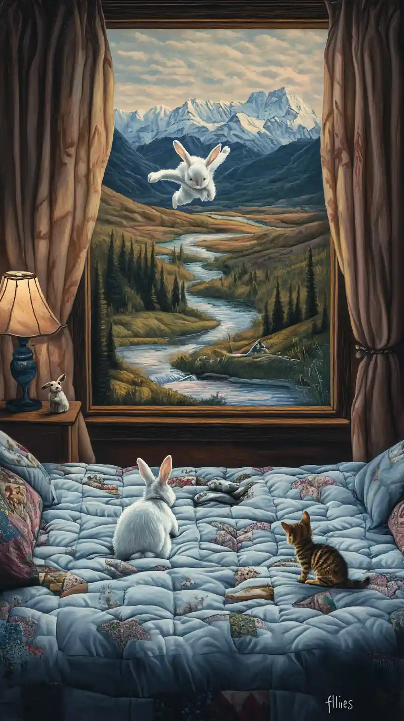 Flying rabbit above a quilted bed becoming rolling hills