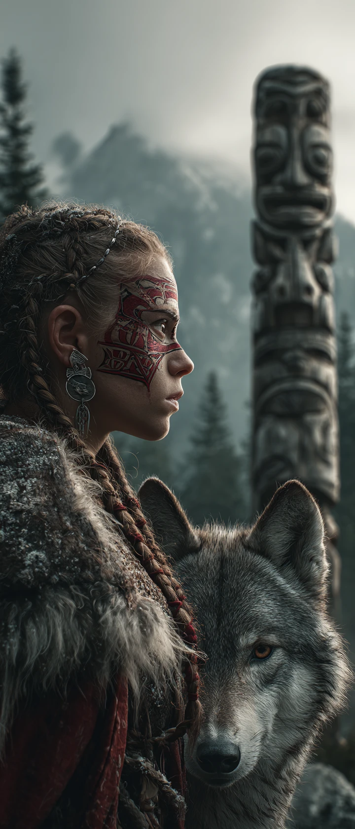 Tribal woman in profile with wolf and totem pole
