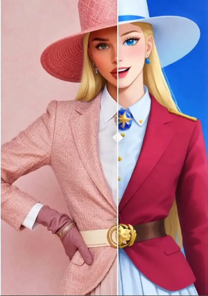 Blonde pair in bold pink and blue fashion contrast