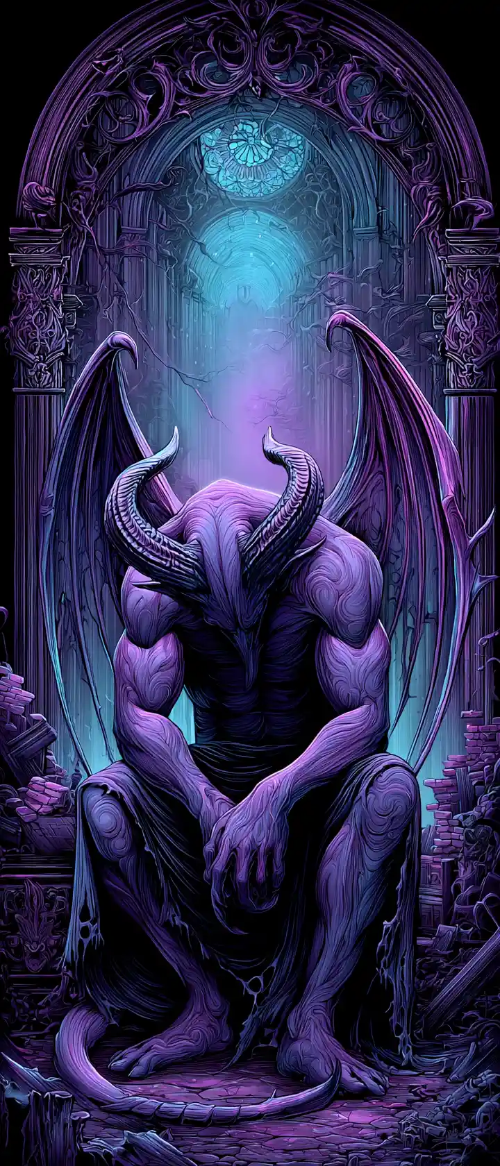 Horned demon kneeling in a ruined gothic cathedral