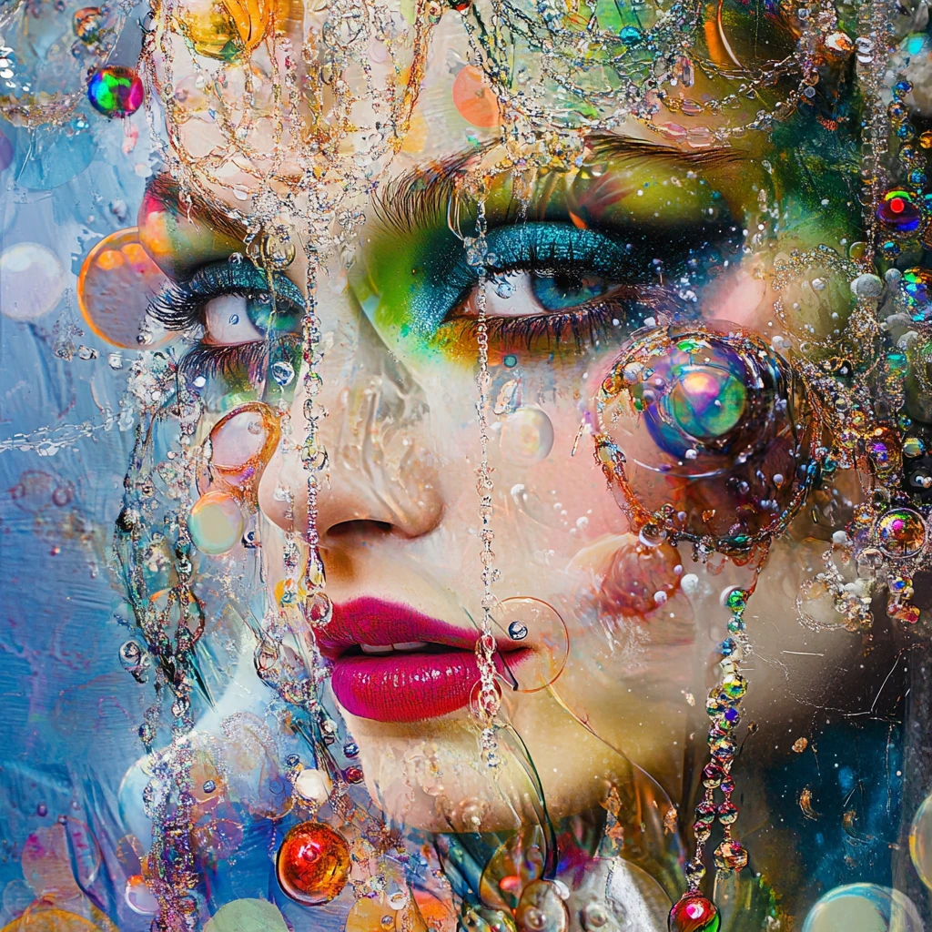 Mujer alegre con ojos brillantes en un mundo de fantasía surrealista