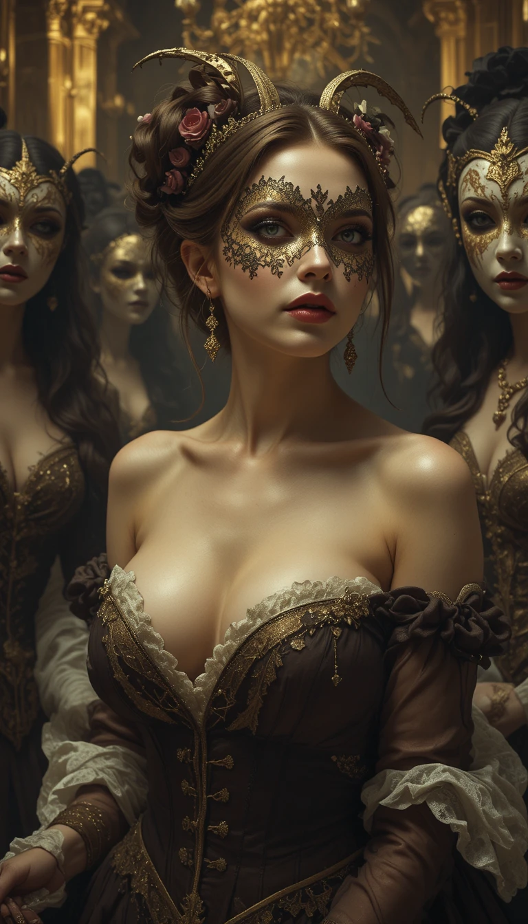 Junge Frau auf einem Maskenball im dramatischen Barocklicht