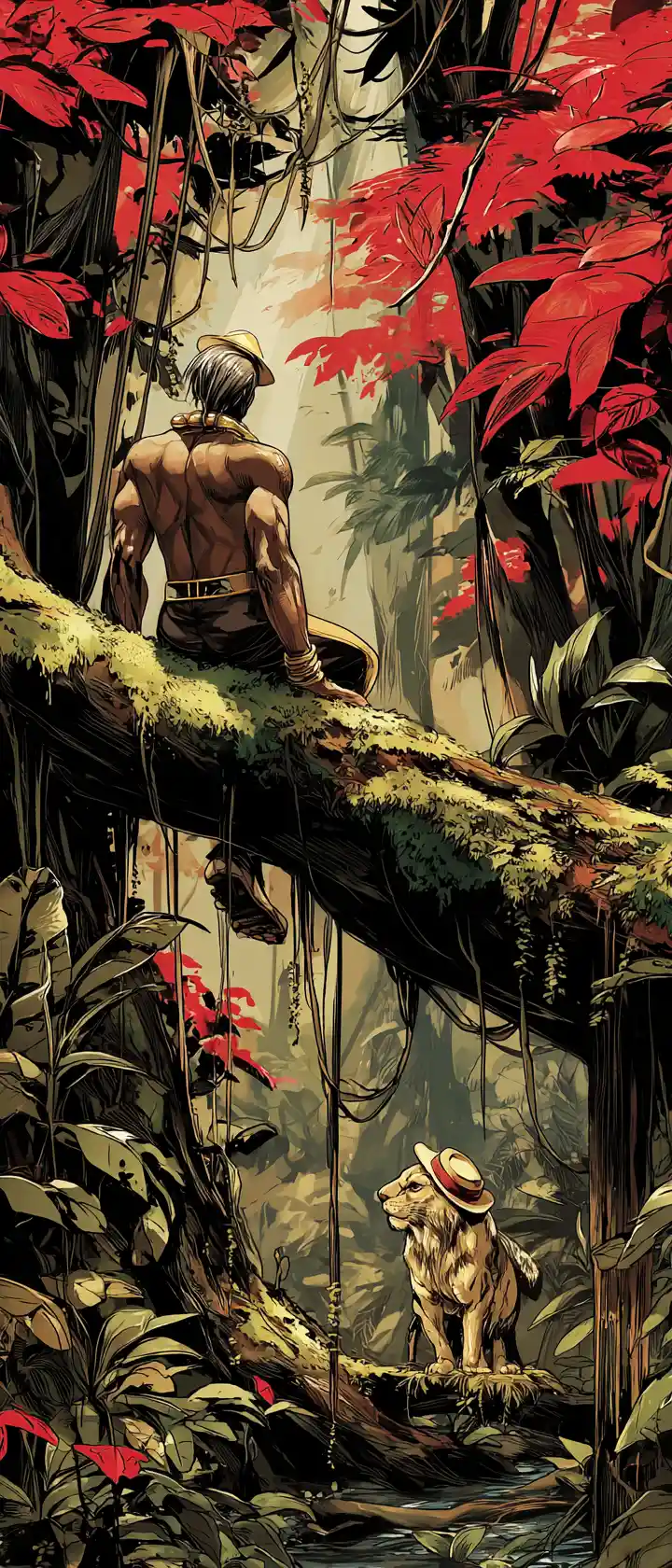 Tarzan on a mossy branch above a lush jungle canopy