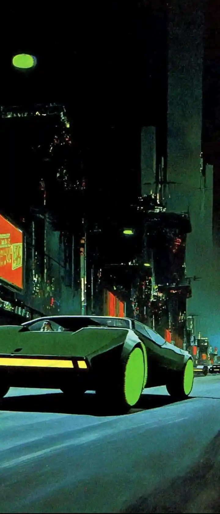 Neon-futuristisches Auto rast durch eine dystopische Nachtstadt