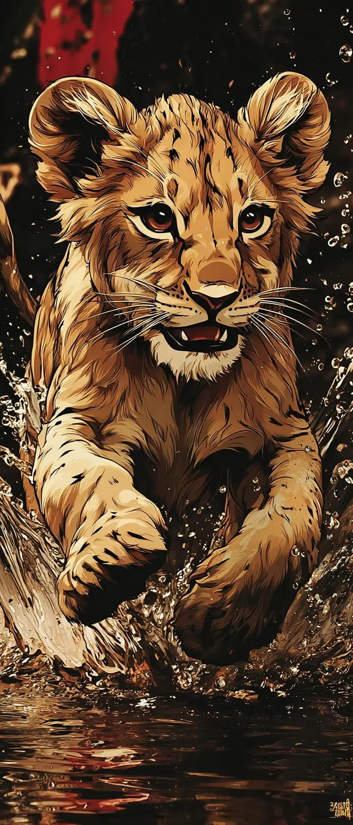 Young lion splashing playfully in a glowing sunset puddle