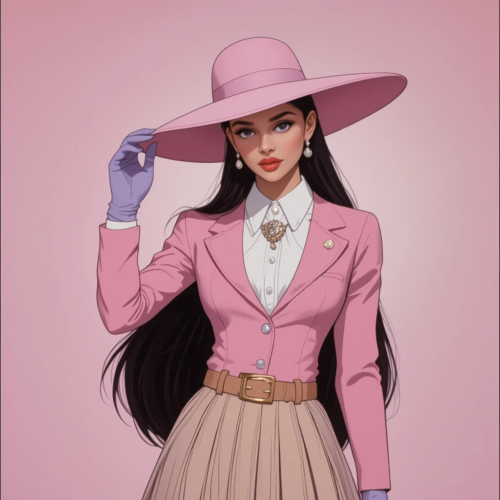 Stylish woman in pink hat and blazer on soft backdrop