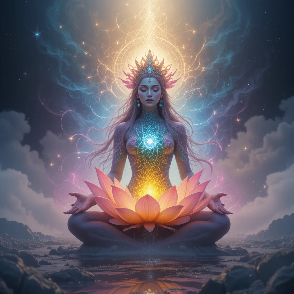 Deva, der mit dem strahlenden Kronenchakra-Lotus verschmilzt