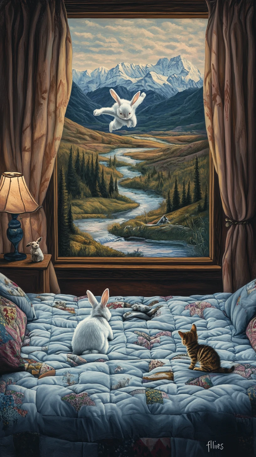 Flying rabbit above a quilted bed becoming rolling hills