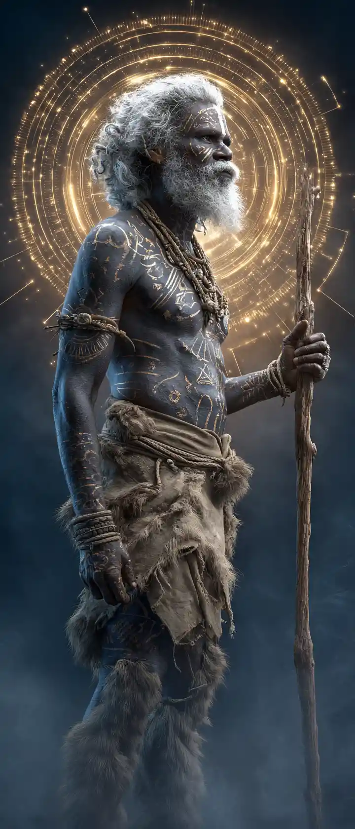 Ancient tribal warrior sage with glowing sacred markings