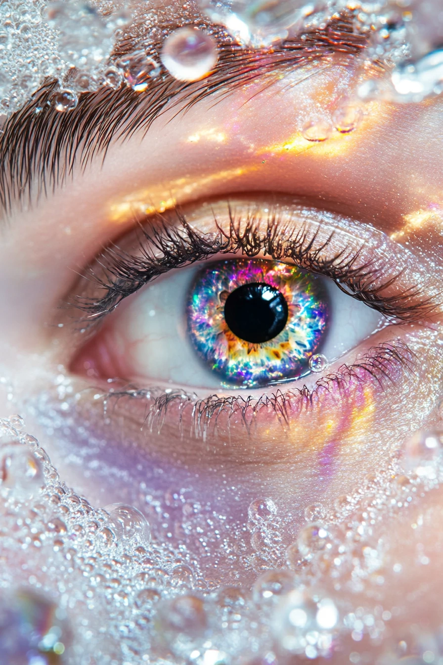 Rostros surrealistas y alegres con iris coloridos en un mundo de fantasía