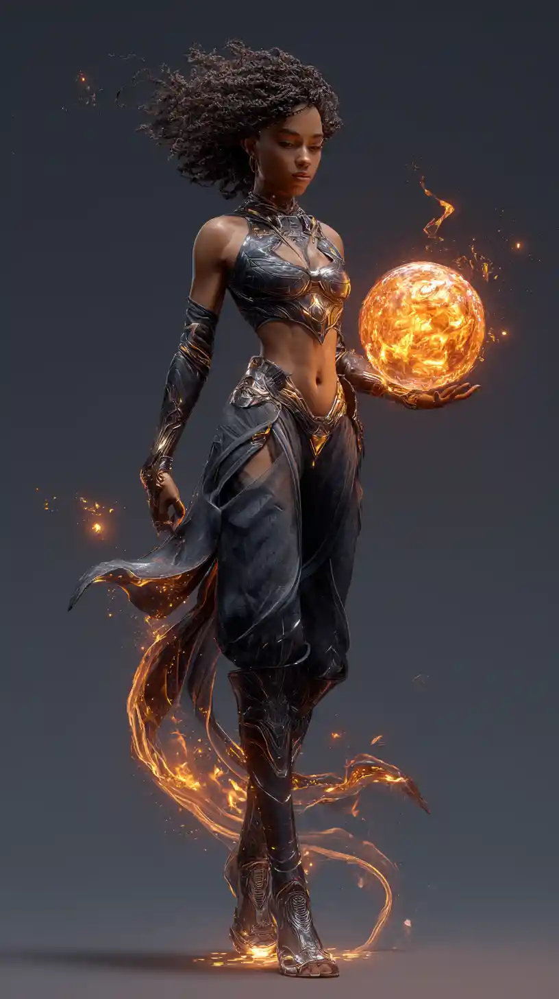 Afrofuturistic sorceress holding a fiery glowing magical orb