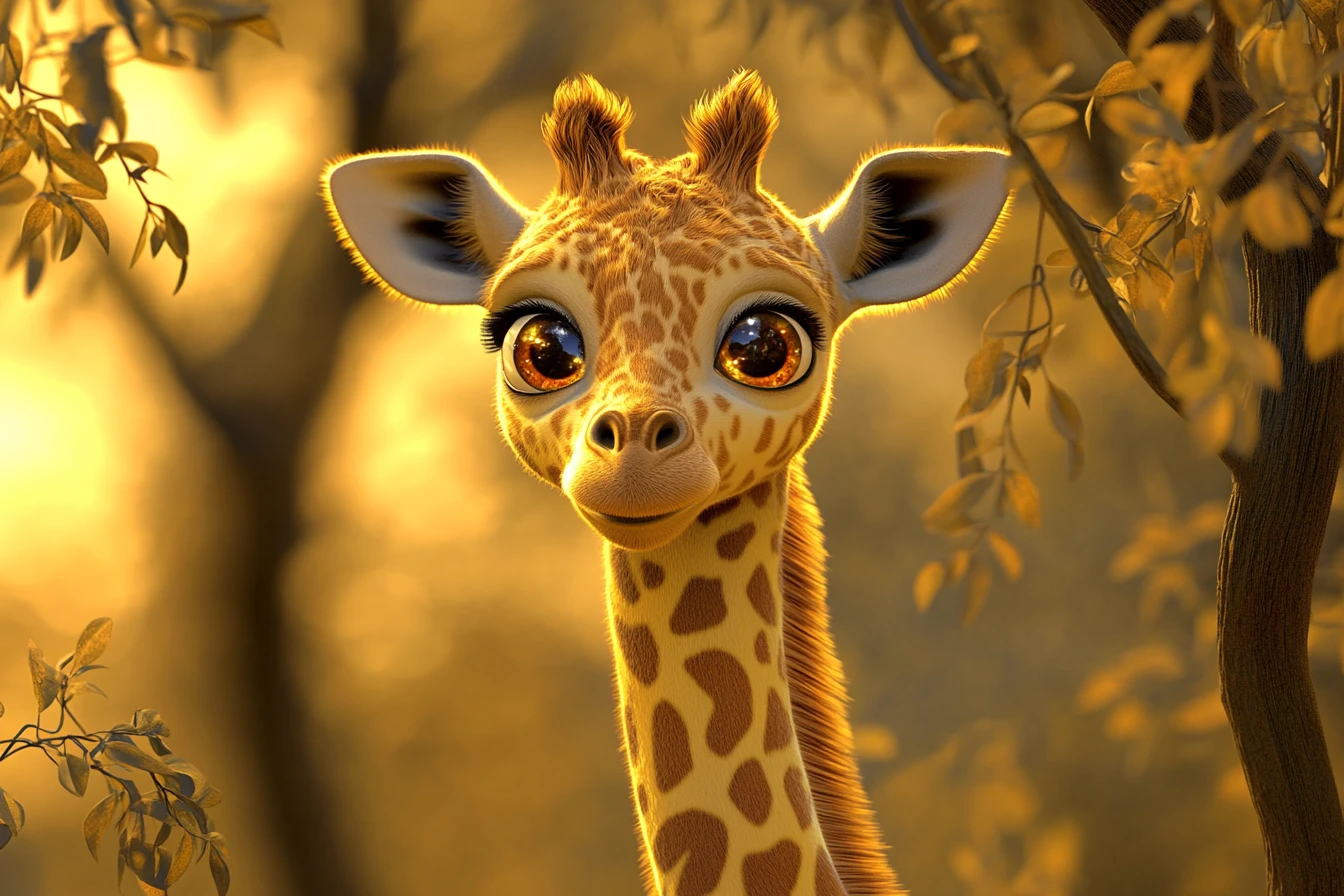 Baby giraffe standing in warm sunrise light on savanna