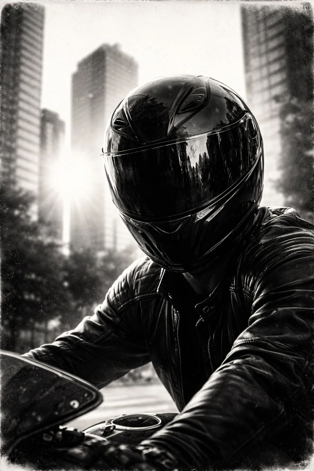 Close up of a helmeted motorcyclist in urban sunlight