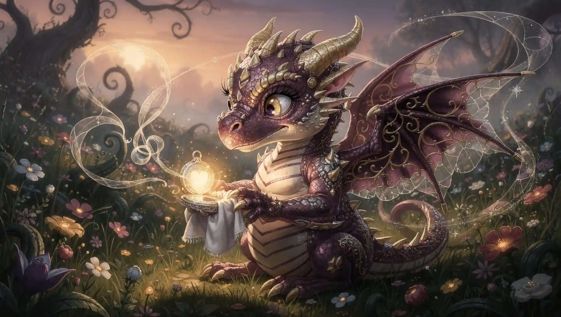 Baby dragon polishing a glowing silver locket