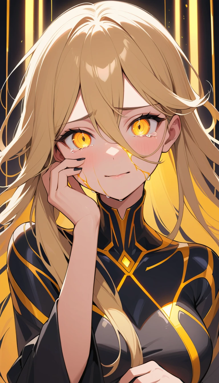 Crying blonde woman with glowing gold veins in neon room
