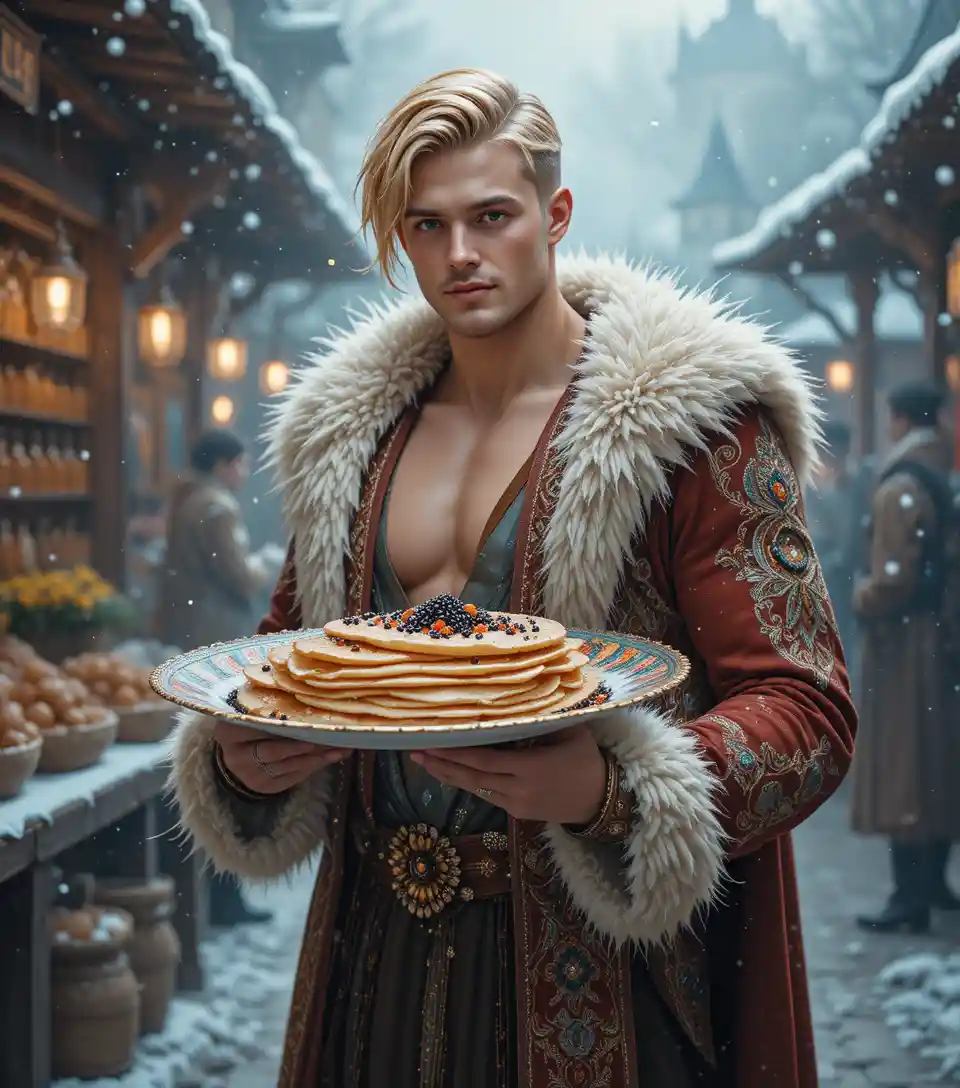 Smiling blond teen in winter folk costume at market