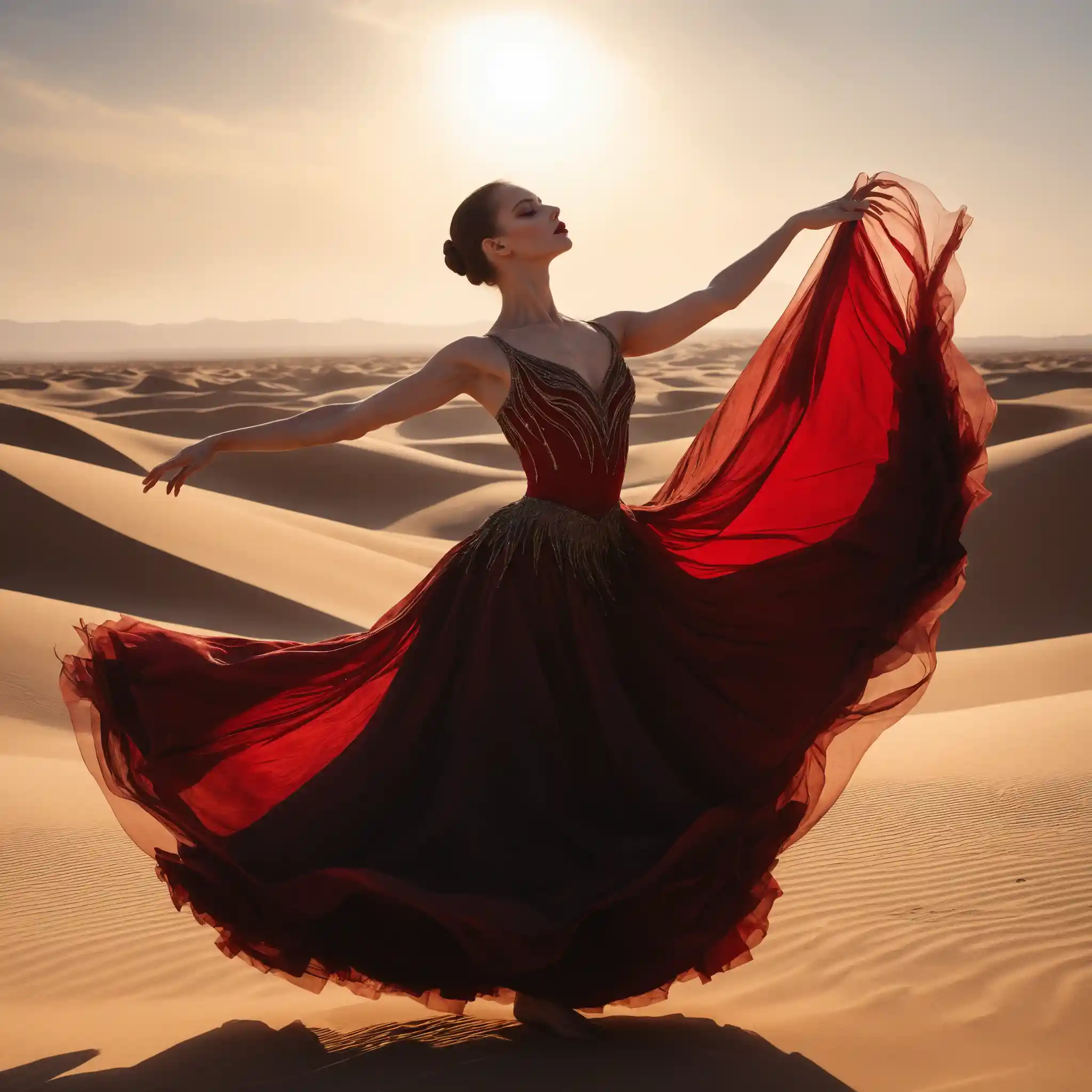 Dancer in flowing crimson silk leaping across desert sands
