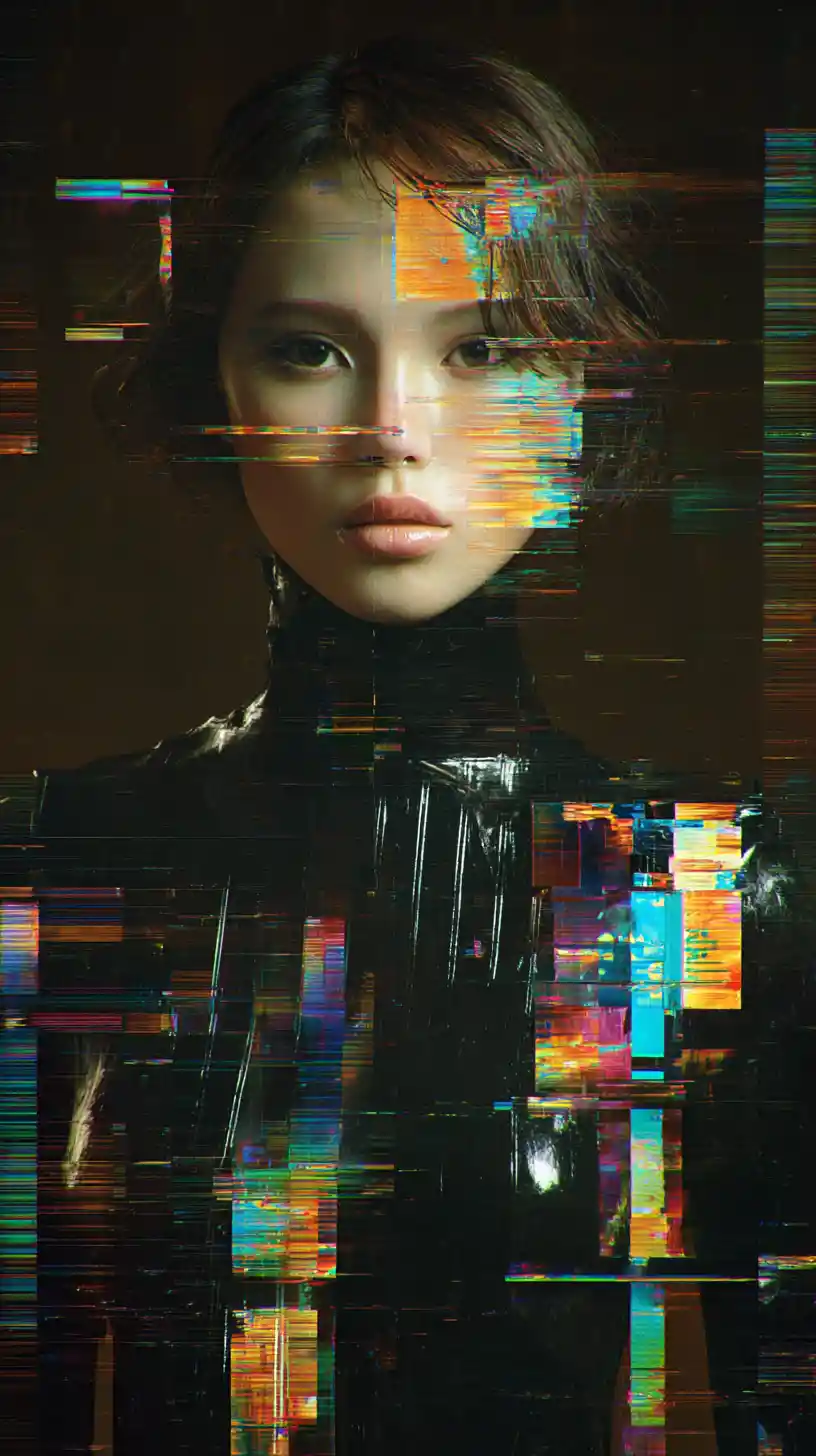 Futuristic woman dissolving into vivid digital glitch pixels