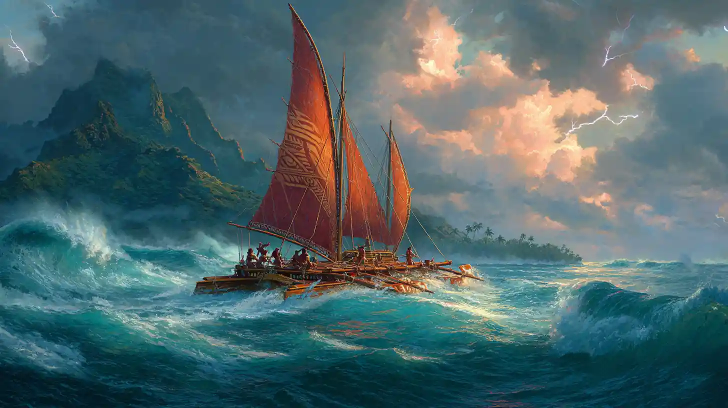 Stormy Polynesian catamaran battling colossal ocean waves