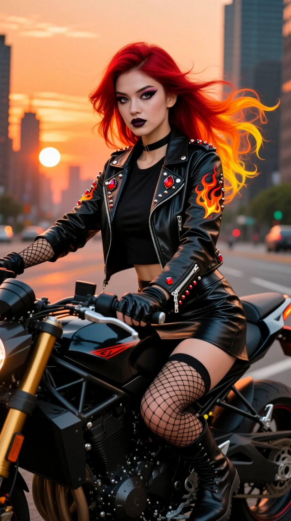 Fiery haired biker woman riding through the city at sunset