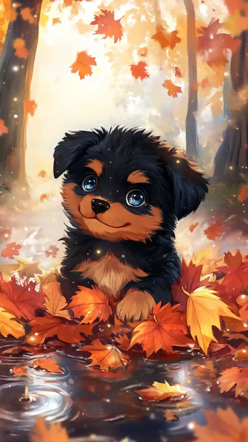 Chibi rottweiler puppy playing in magical autumn leaves