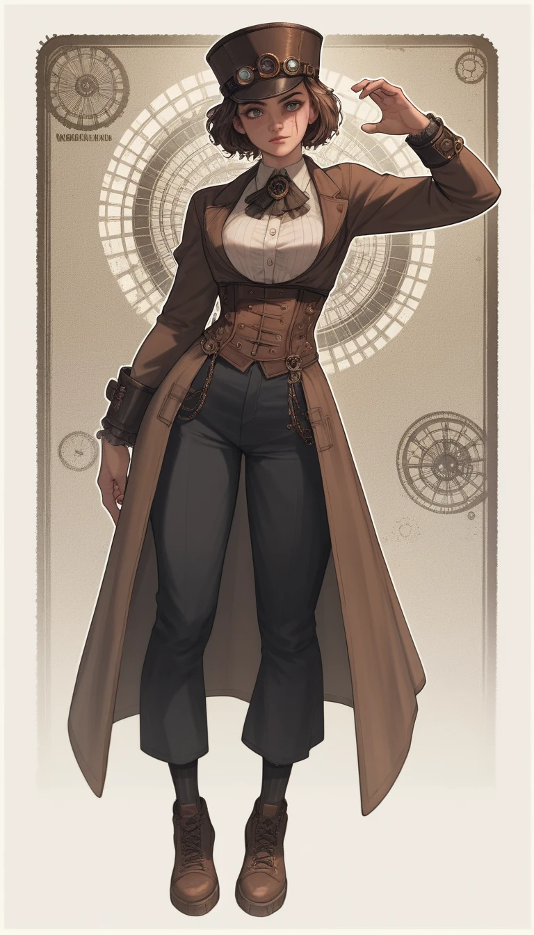 Robot woman dancing in a split pose with steampunk scene