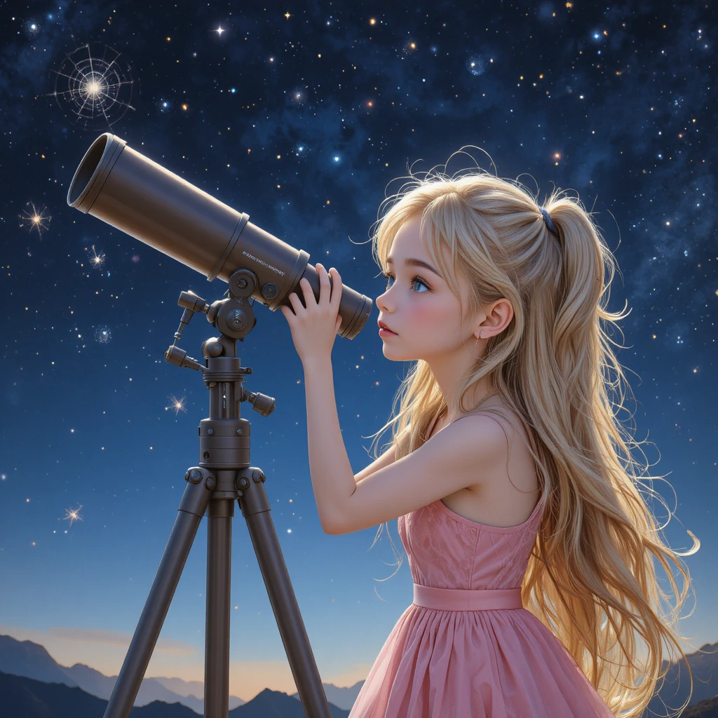 Blondes Mädchen im rosa Kleid blickt durch ein Teleskop zu den Sternen