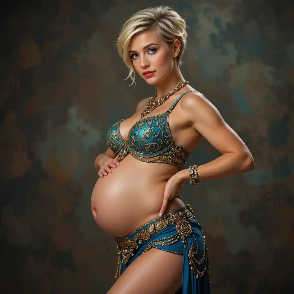 Sensual pregnant belly dancer in three quarter side view