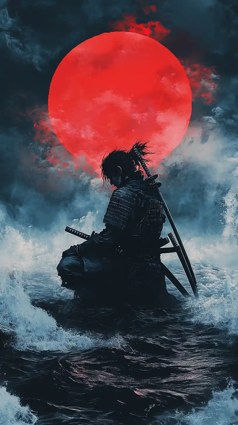 Solitary samurai kneeling before a stormy ocean and red sun