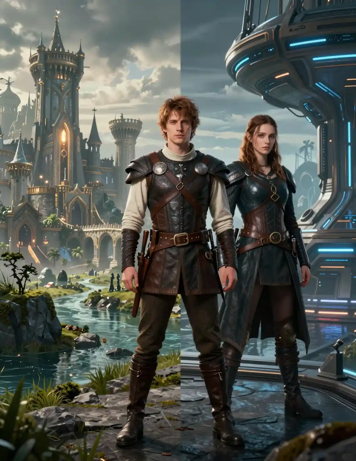 Woman Standing Between Fantasy And Sci Fi Parallel Worlds