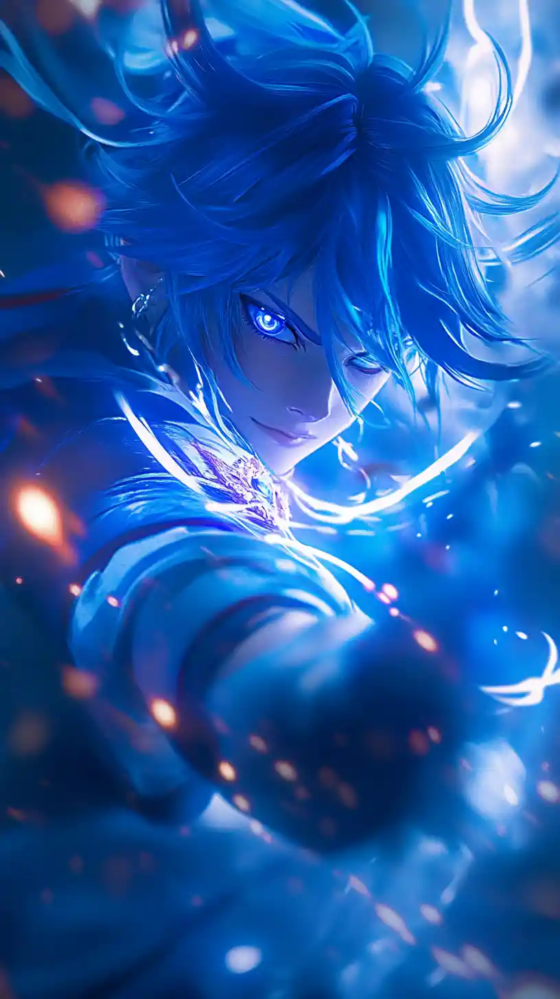 Close up anime knight with blue hair in battle pose