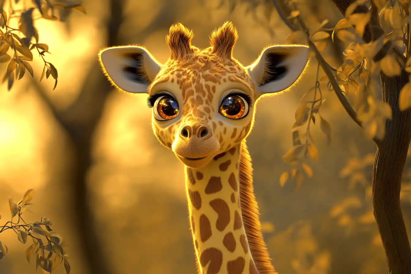 Baby giraffe standing in warm sunrise light on savanna
