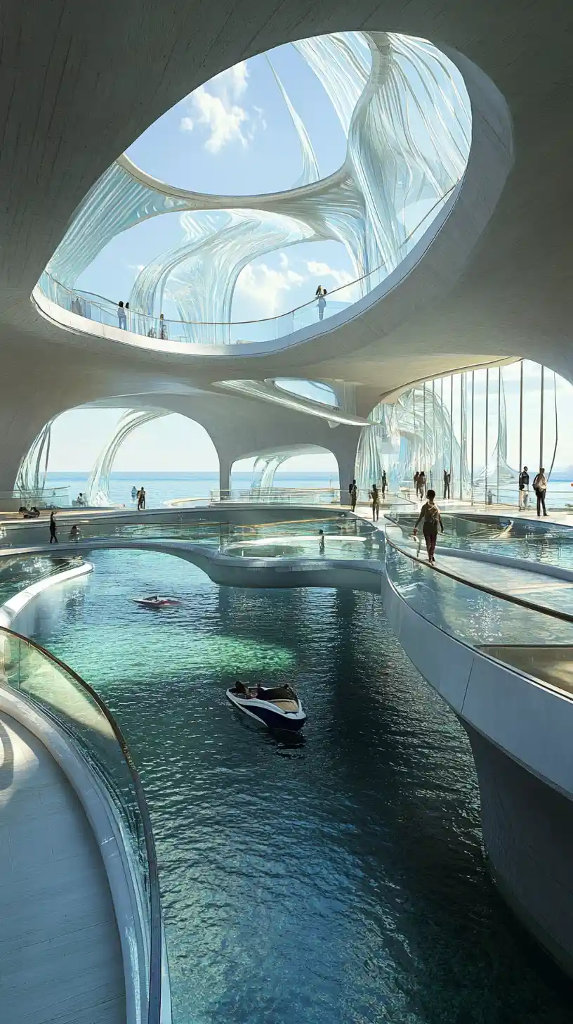 Futuristic coastal cultural center with glass canals and terraces
