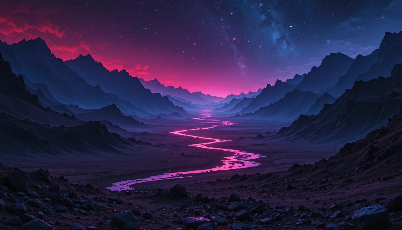 Neon river flowing through a dark cosmic valley