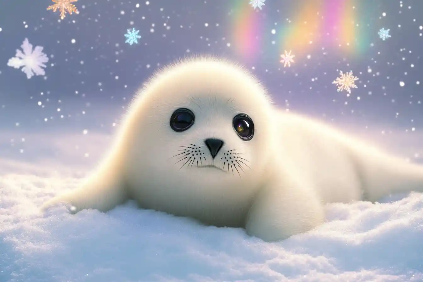 Cute baby seal lying on fresh white arctic snow