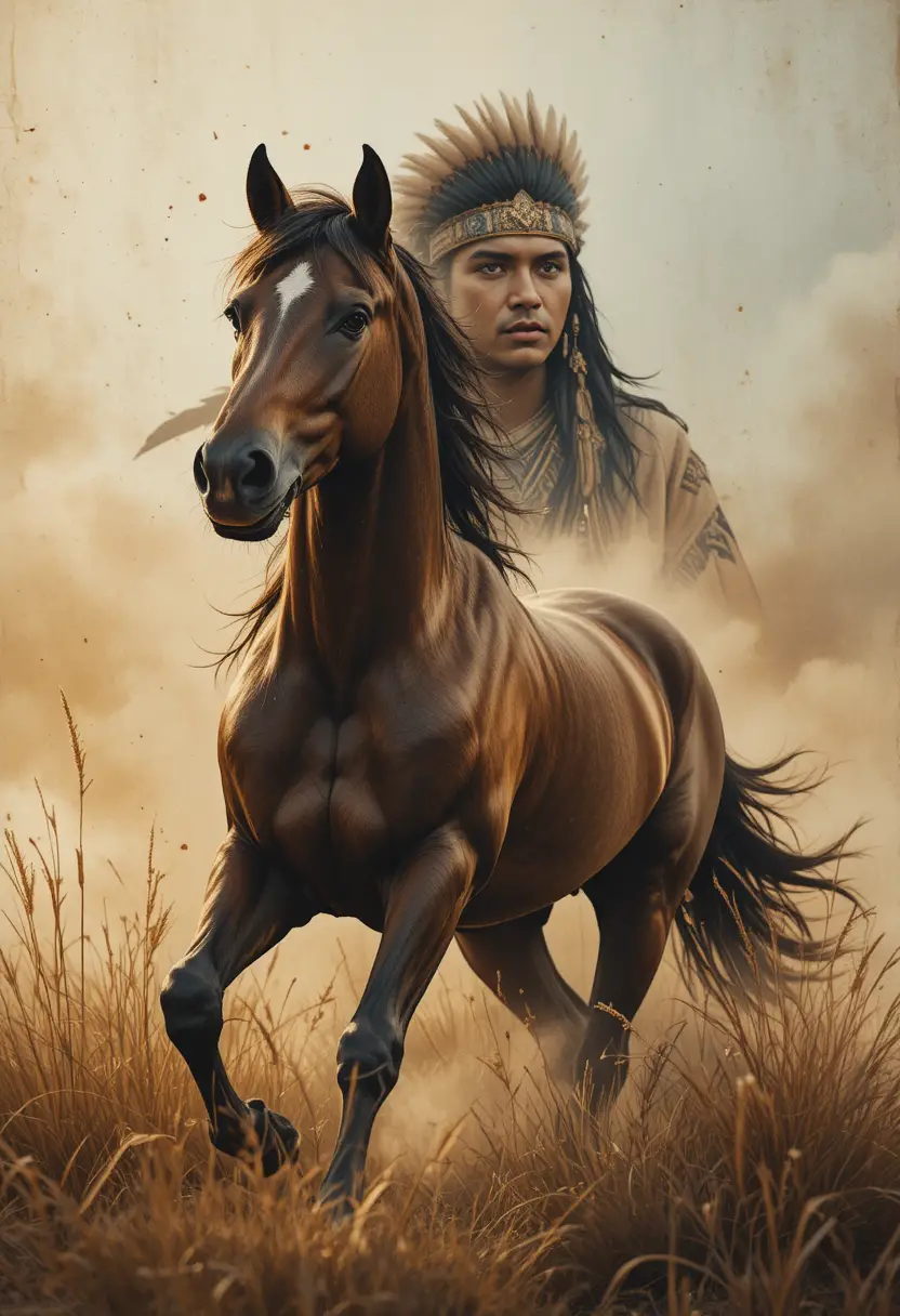 Powerful horse running through tall prairie grass at sunset