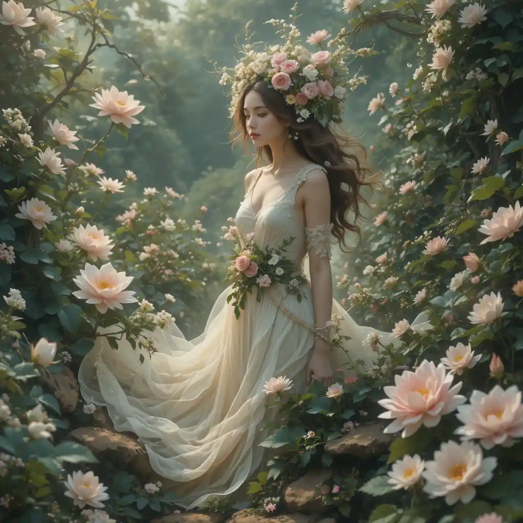 Graceful woman with a flourishing inner garden of soft blooms