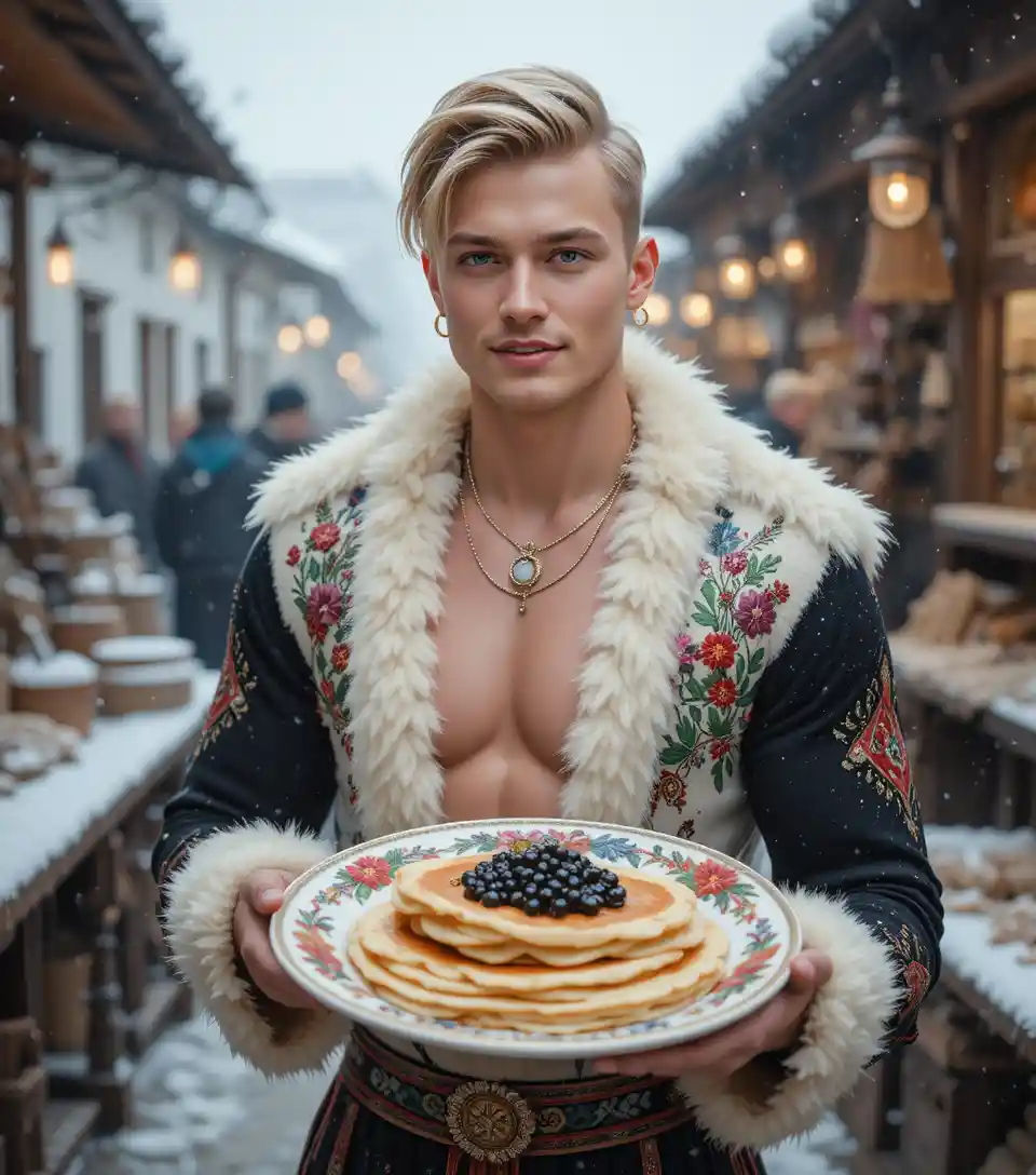 Adolescent blond souriant en costume folklorique d’hiver au marché