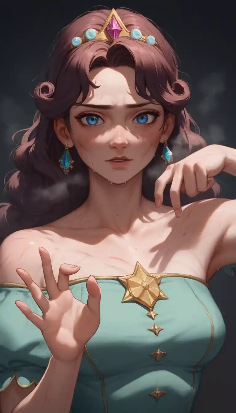 Close up anime woman with anguished expressive blue eyes