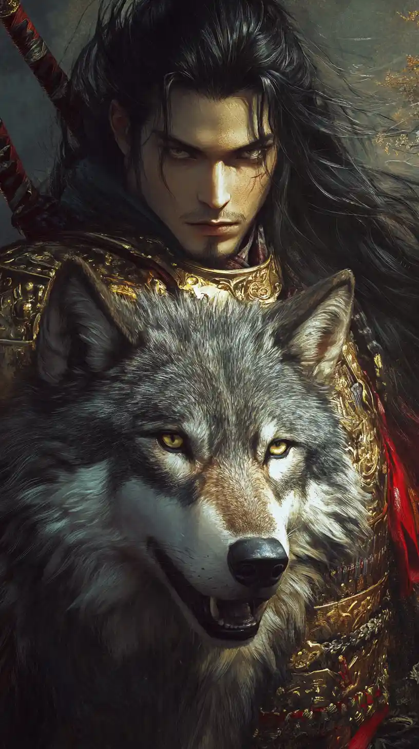 Samurai warrior with loyal wolf in dramatic forest scene