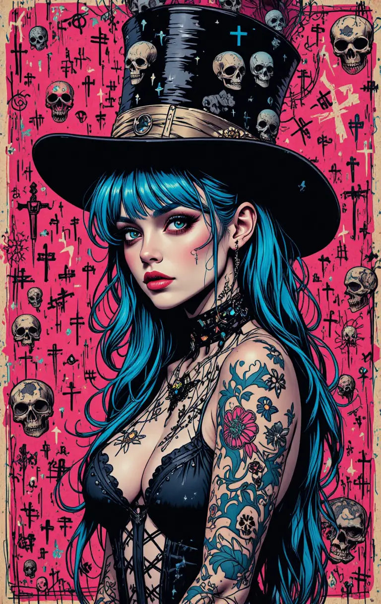 Gothic blue haired woman in skull top hat portrait