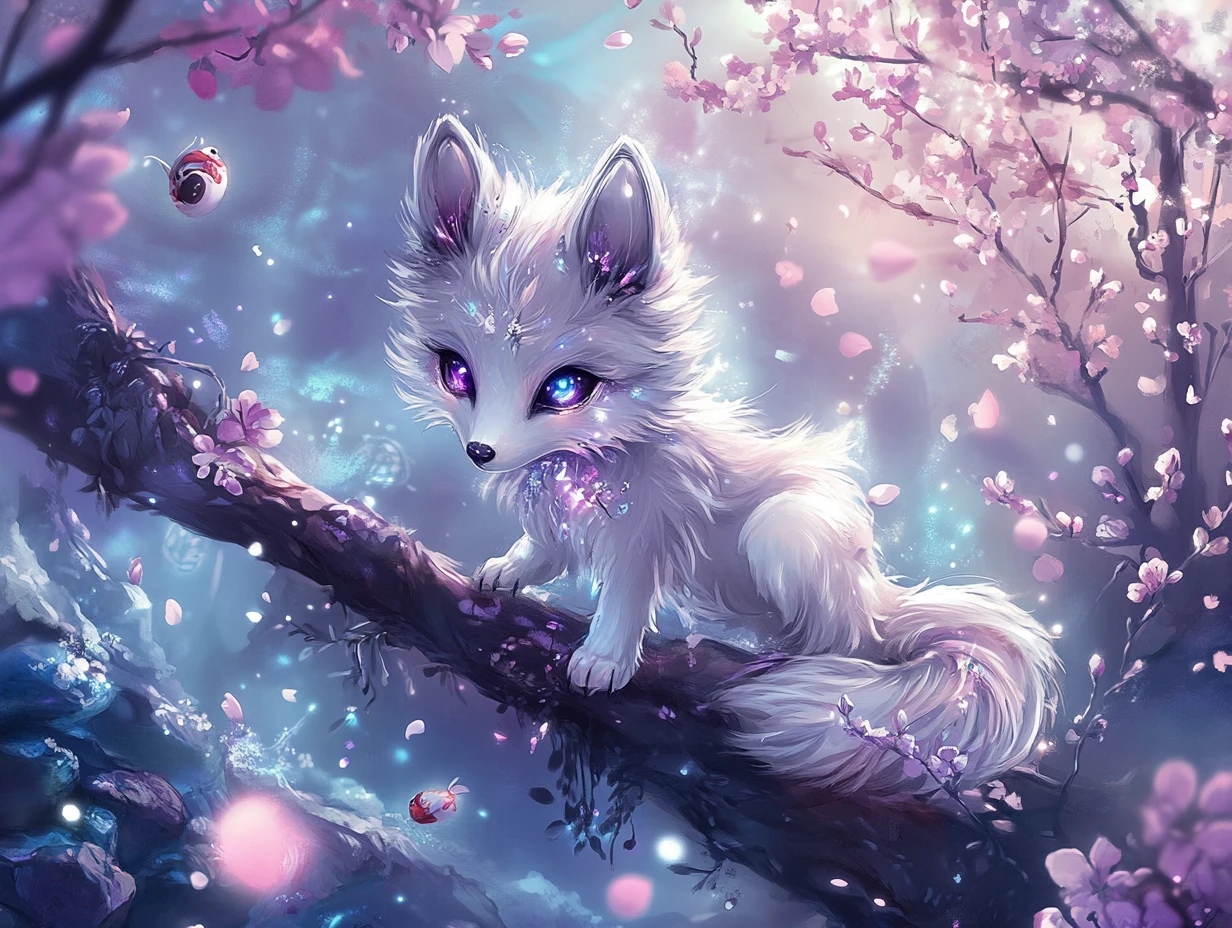 Chibi wolf on glowing cherry blossom branch in pastel sky