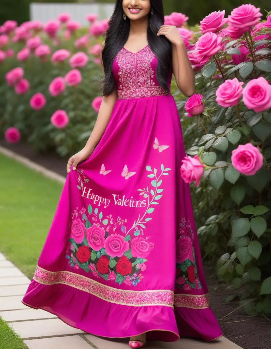 Smiling girl in magenta dress in a rose garden