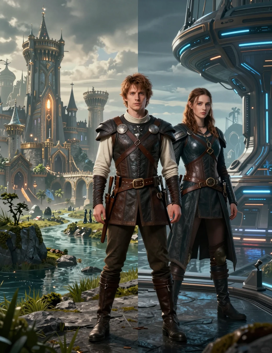 Woman Standing Between Fantasy And Sci Fi Parallel Worlds