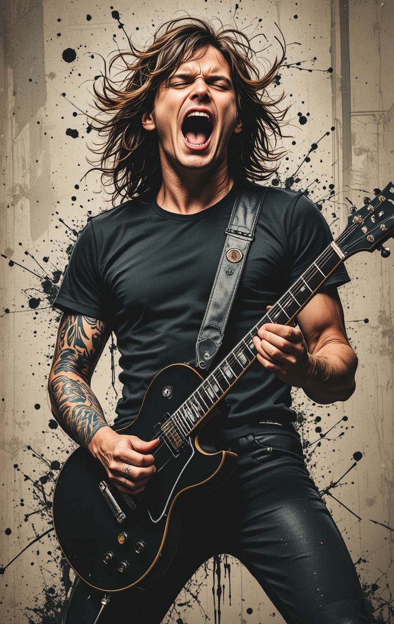 Guitarrista de rock gritando con su guitarra frente a un fondo de salpicaduras de tinta